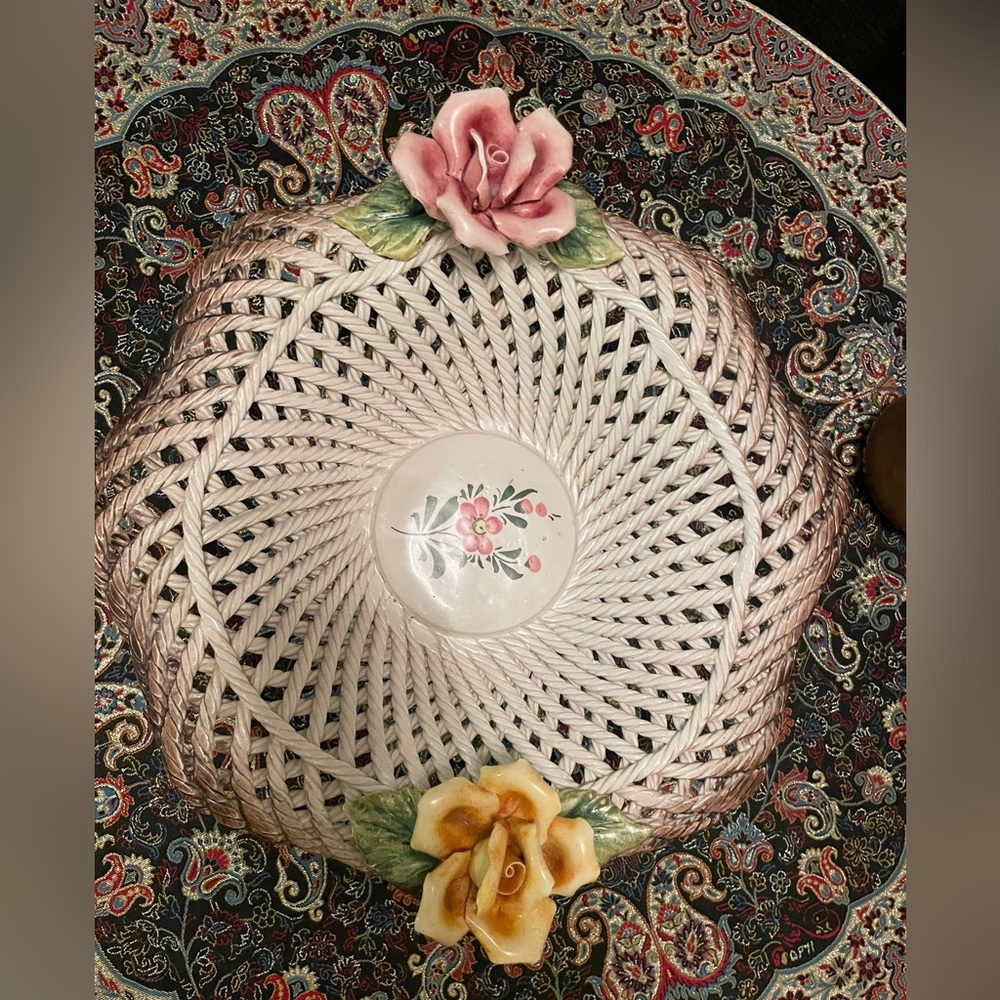 Vintage Floral Pedestal Lattice Basket Bowl Roses Porcelain Centerpiece Italy